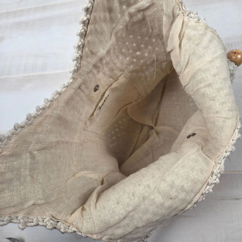 Vtg Mister Ernest Handbag Macrame Crochet Tote Bag Bamboo Wood Handle Cream Boho